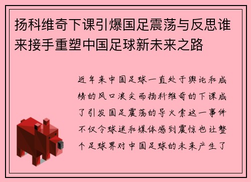 扬科维奇下课引爆国足震荡与反思谁来接手重塑中国足球新未来之路